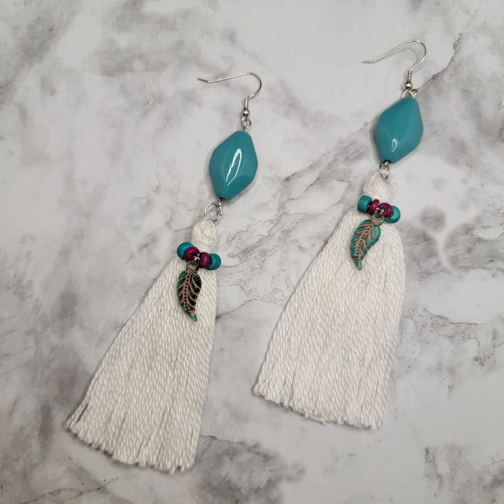 Handmade Tassel Earrings Beaded Turquoise Fuchsia and Feathers boho Hippie
